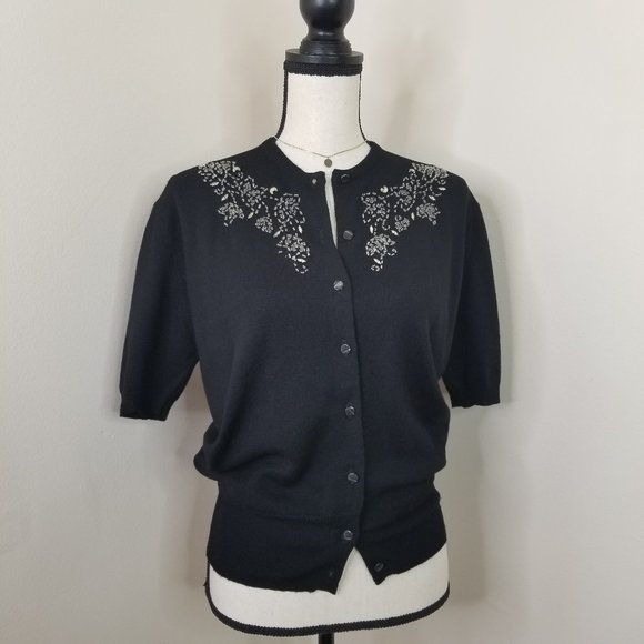 Vtg 50s Wool Beaded Black Cardigan Sweater Top S